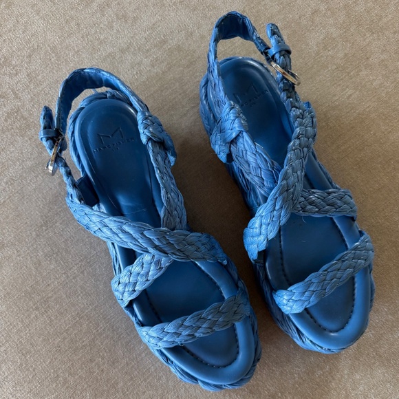 Marc Fisher Genie Platform Sandals Blue Braided Straps Wedge Heel - Picture 2 of 9